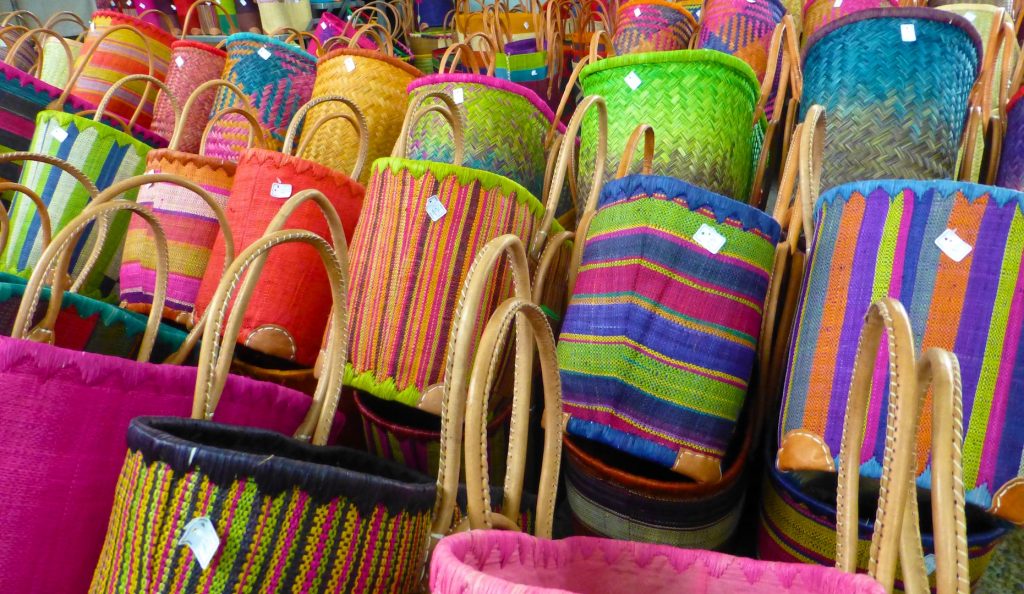 Baskets for sale in the Lourmarin market, Provence, France