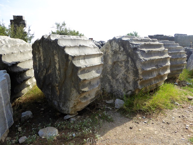 The fallen columns at the Greek ruins of Priene, Turkey