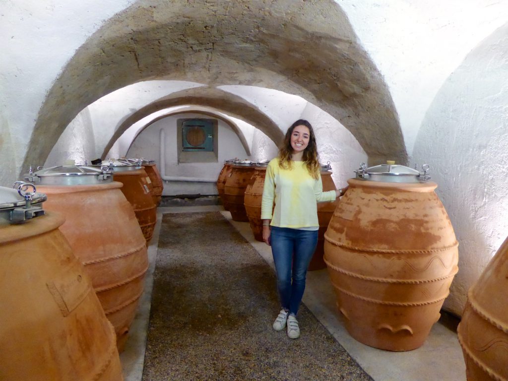 Camille Bagnis by the terracotta wine barrels at Le Château Constantin, Lourmarin, Luberon, Vaucluse, Provence, France