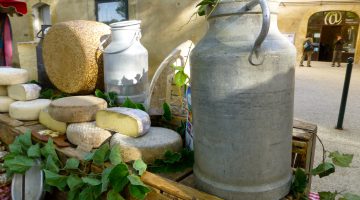 Cheese in the Lourmarin market, Lourmarin, Luberon, Provence