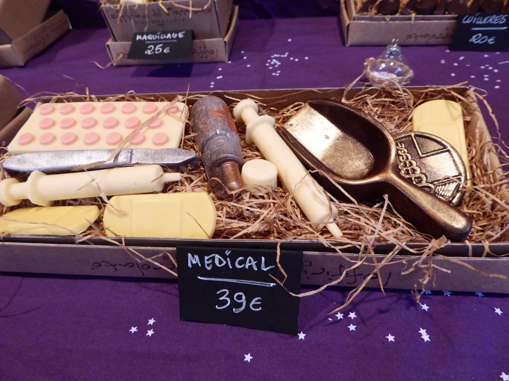 Marché de Noël chocolate stall in Aix en Provence, Bouche du Rhone, Provence, France