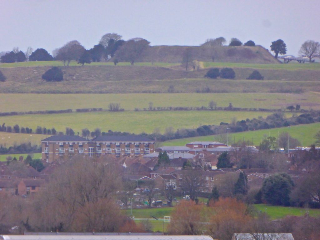 Close up view of Old Sarum from the top of Salisbury Cathedral tower, Salisbury, Wiltshire, England