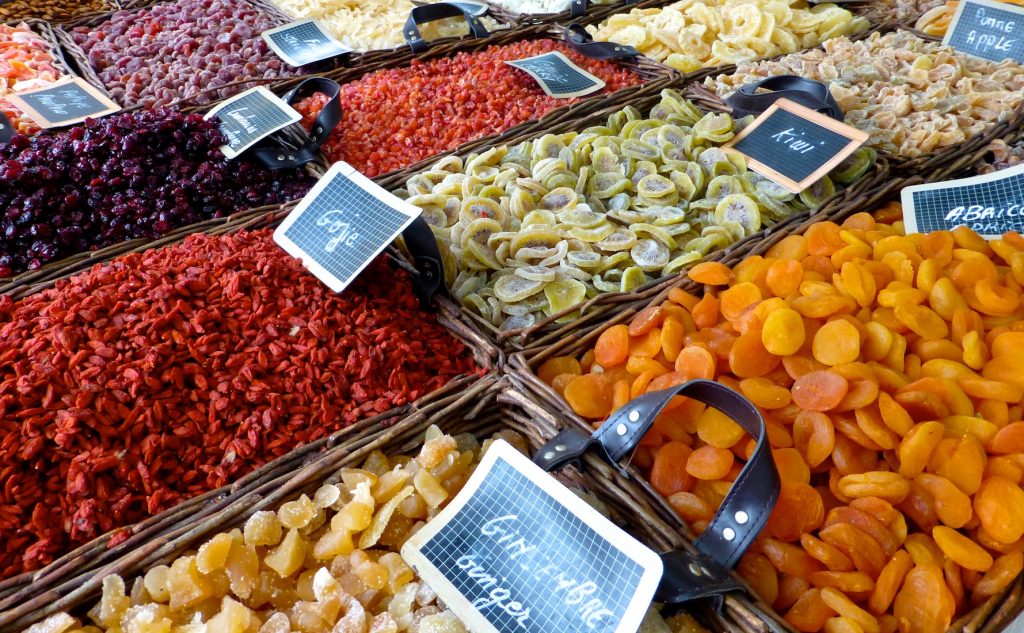 Crystalized fruit for sale in the Uzès market, Provence, France