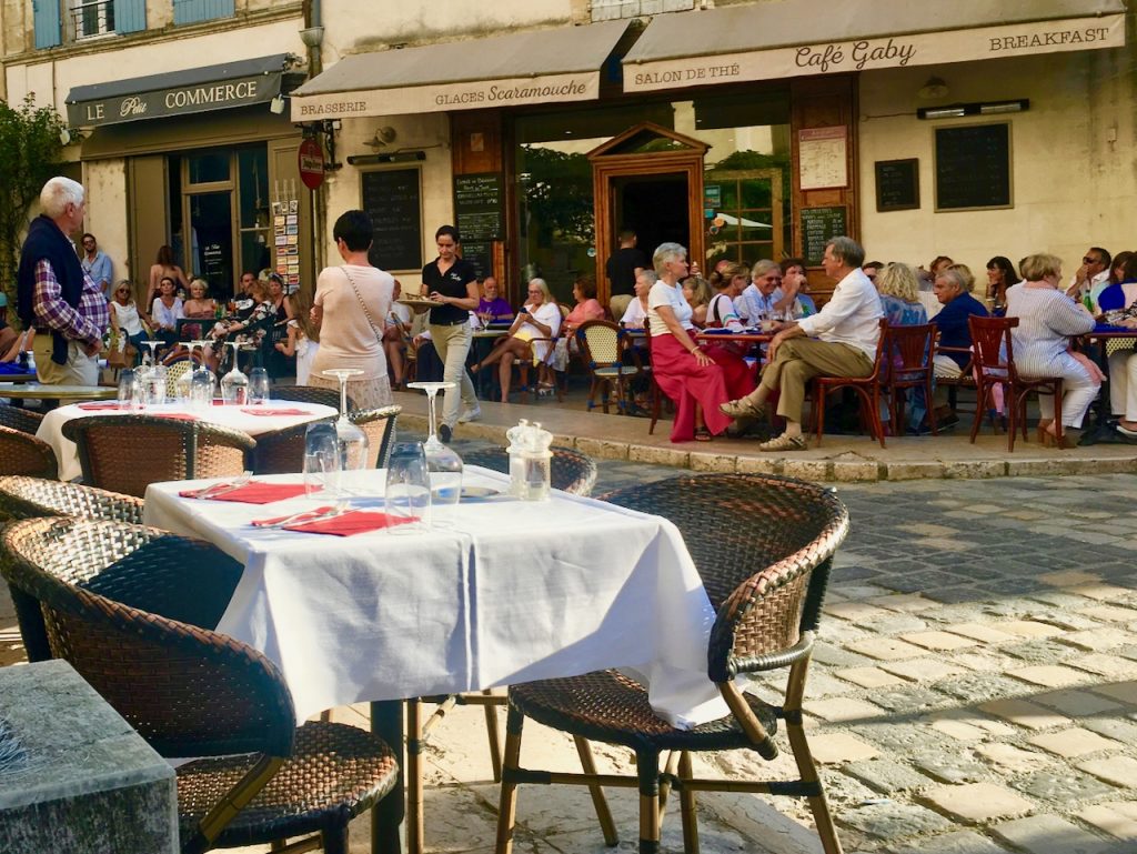 Dining on market day at Cafe Gaby Lourmarin, Lourmarin, Vaucluse, Provence, France