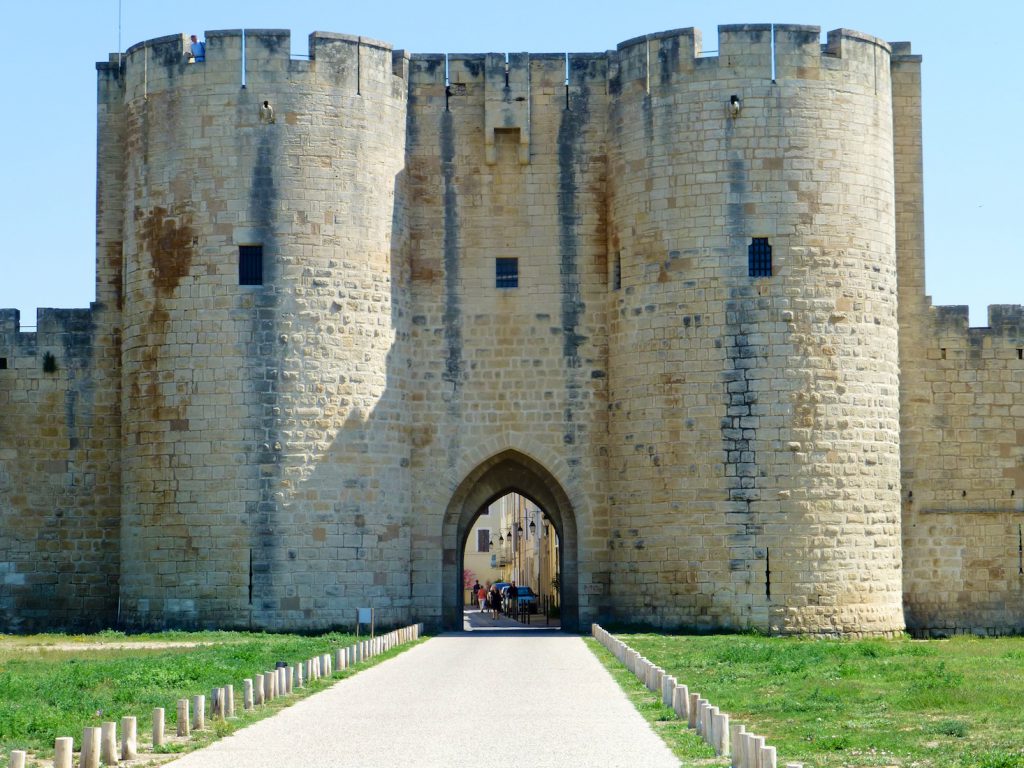 Gates to the walled Medieval city of Aigues-Mortes, France 
