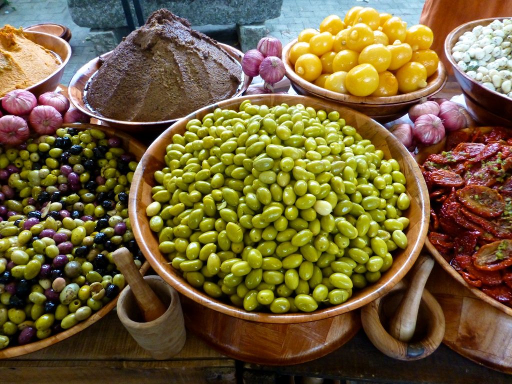 Olives & tapenade for sale in the Lourmarin market, Lourmarin, Luberon, Provence, France