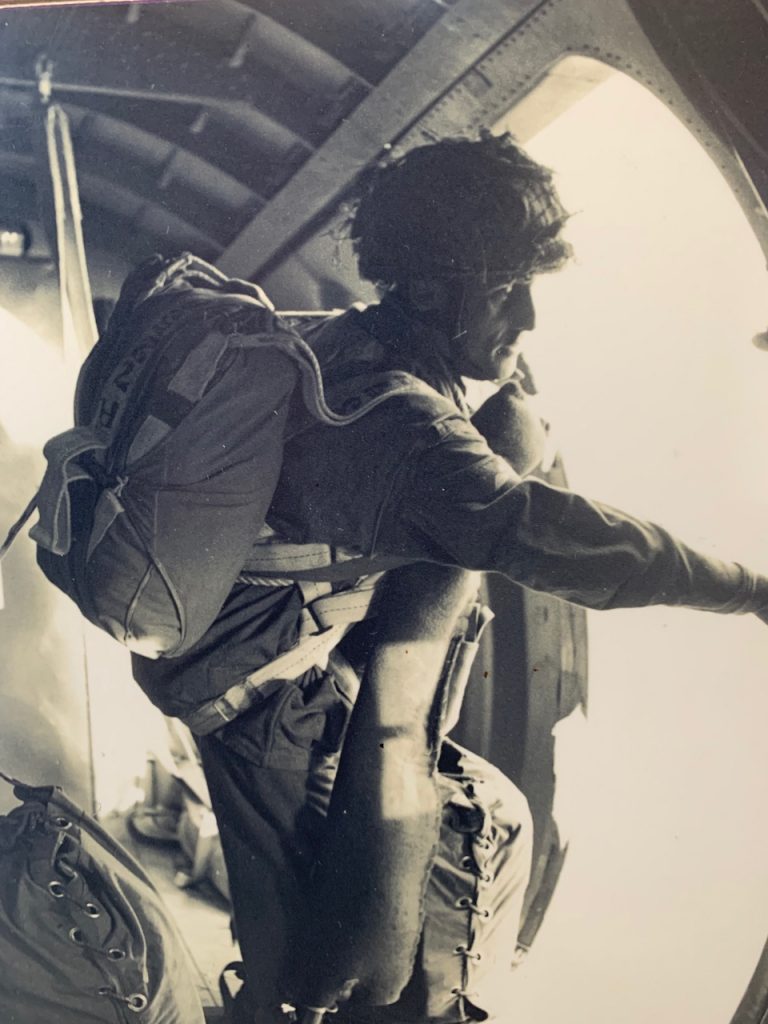 Photograph at Pegasus Bridge Memorial of a Paratrooper from Britain's 9th Parachute Battalion 