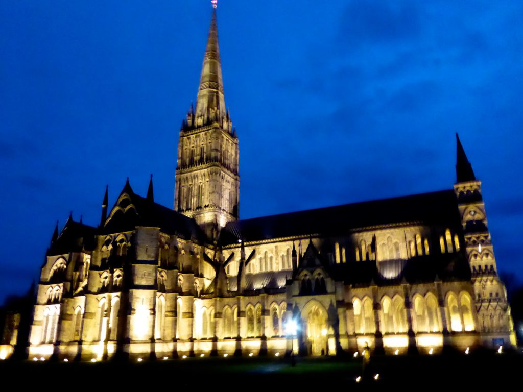 Salisbury Cathedral at dusk, Wiltshire, England