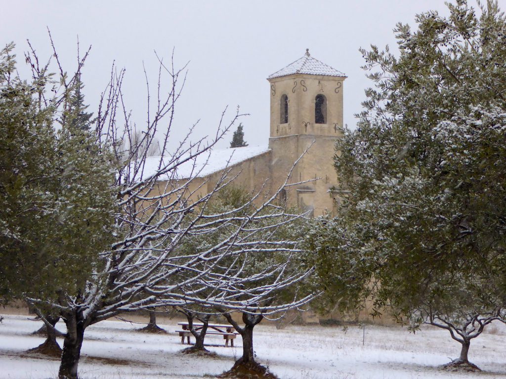 Snow by the Temple in Lourmarin, Luberon, Vaucluse, Provence, France