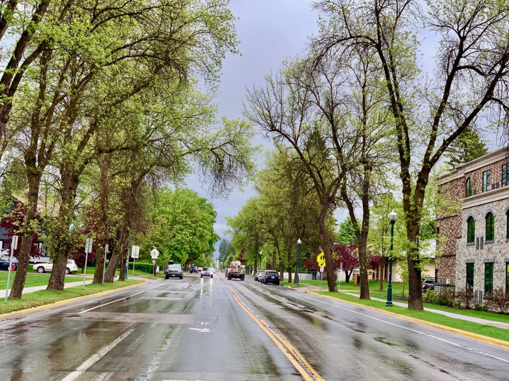 Streets in Whitefish, Montana in the rain