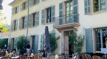 Terrace of luxury spa hotel Domaine de Fontinelle, Lauris, Luberon. Provence, France (near Lourmarin)