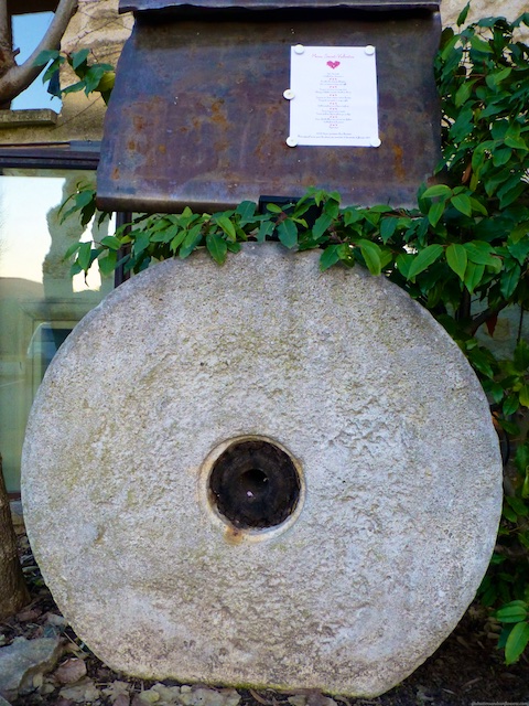 An olive stone at Sitting area at Le Moulin de Lourmarin, Lourmarin. Luberon, Vaucluse, Provence, France