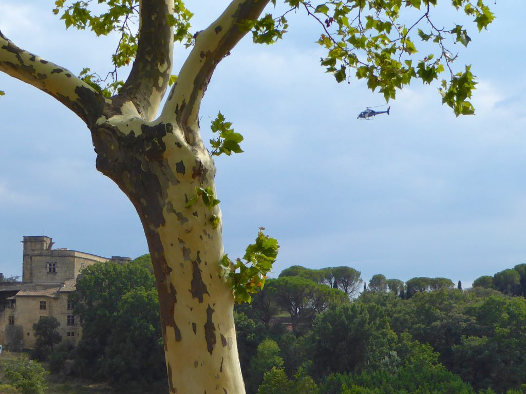 TV helicopter, over the Lourmarin Chateau for Tour de France 2017 in Lourmarin