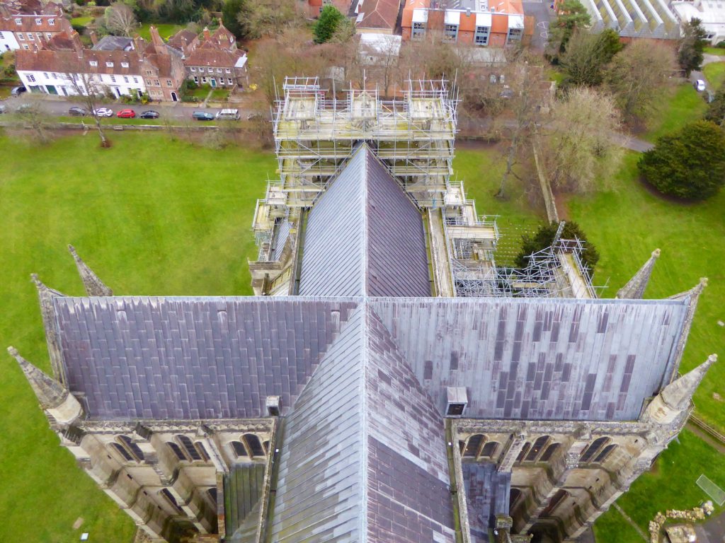 View of Salisbury cathedral's roof from top of the Salisbury cathedral tower, Salisbury, Wiltshire, Englan