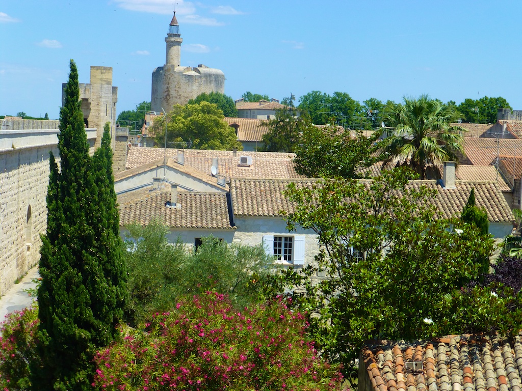 View of the Chateau Tower across the ramparts of Aigues-Mortes, Camargue, France